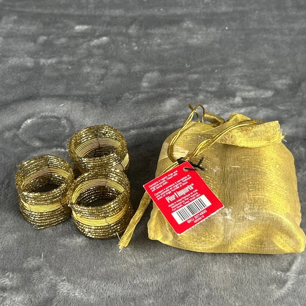 Pier 1 Imports Gold‎ Beaded Napkin Rings Set of 7 Metallic Holiday Table Decor